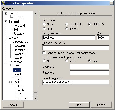 Puttys Proxy-Einstellungen für SSH über TOR